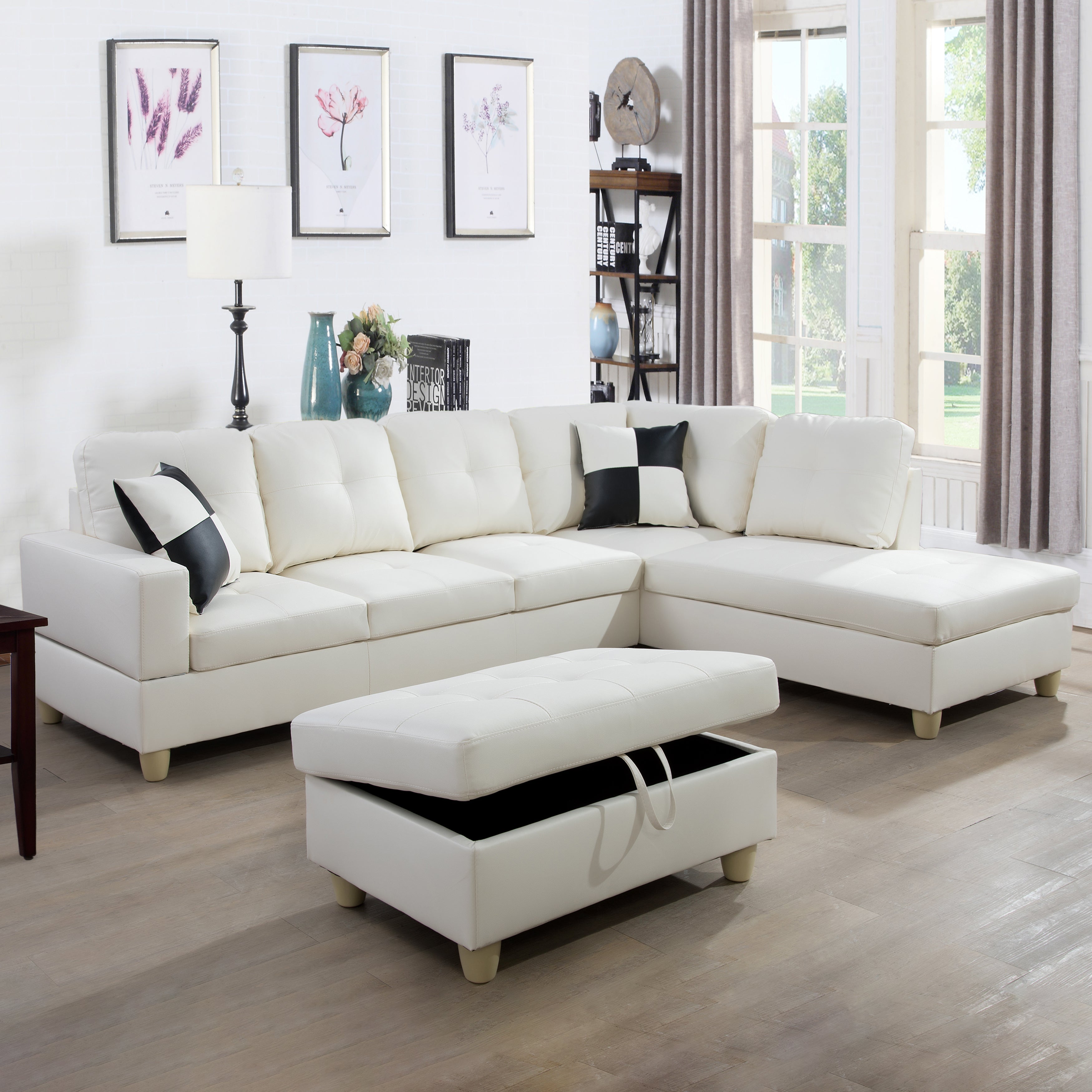 Ainehome White Faux Leather 3-Piece Couch Living Room Sofa Set