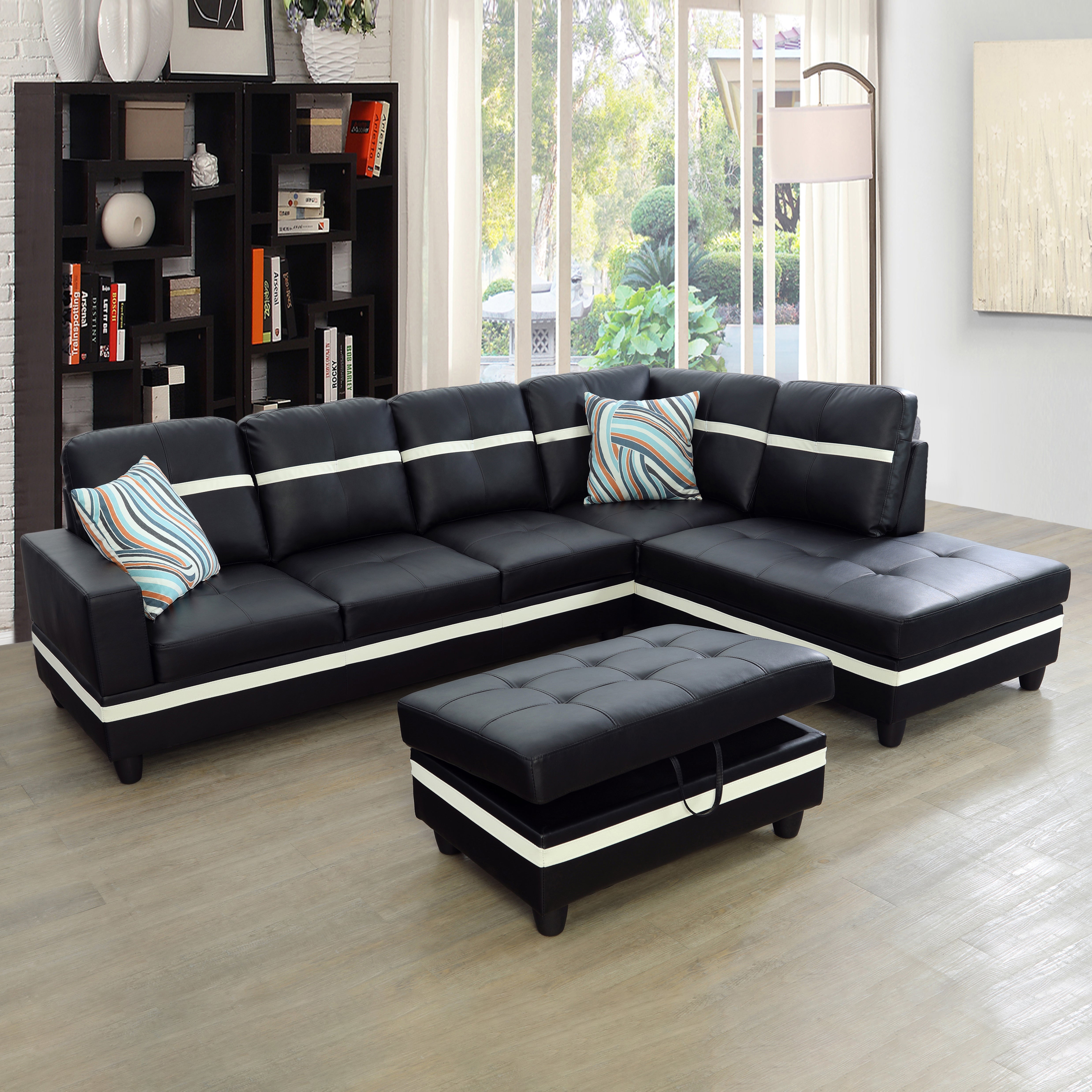 Ainehome Black And White Semi PU Synthetic Leather 3-Piece Couch Living Room Sofa Set