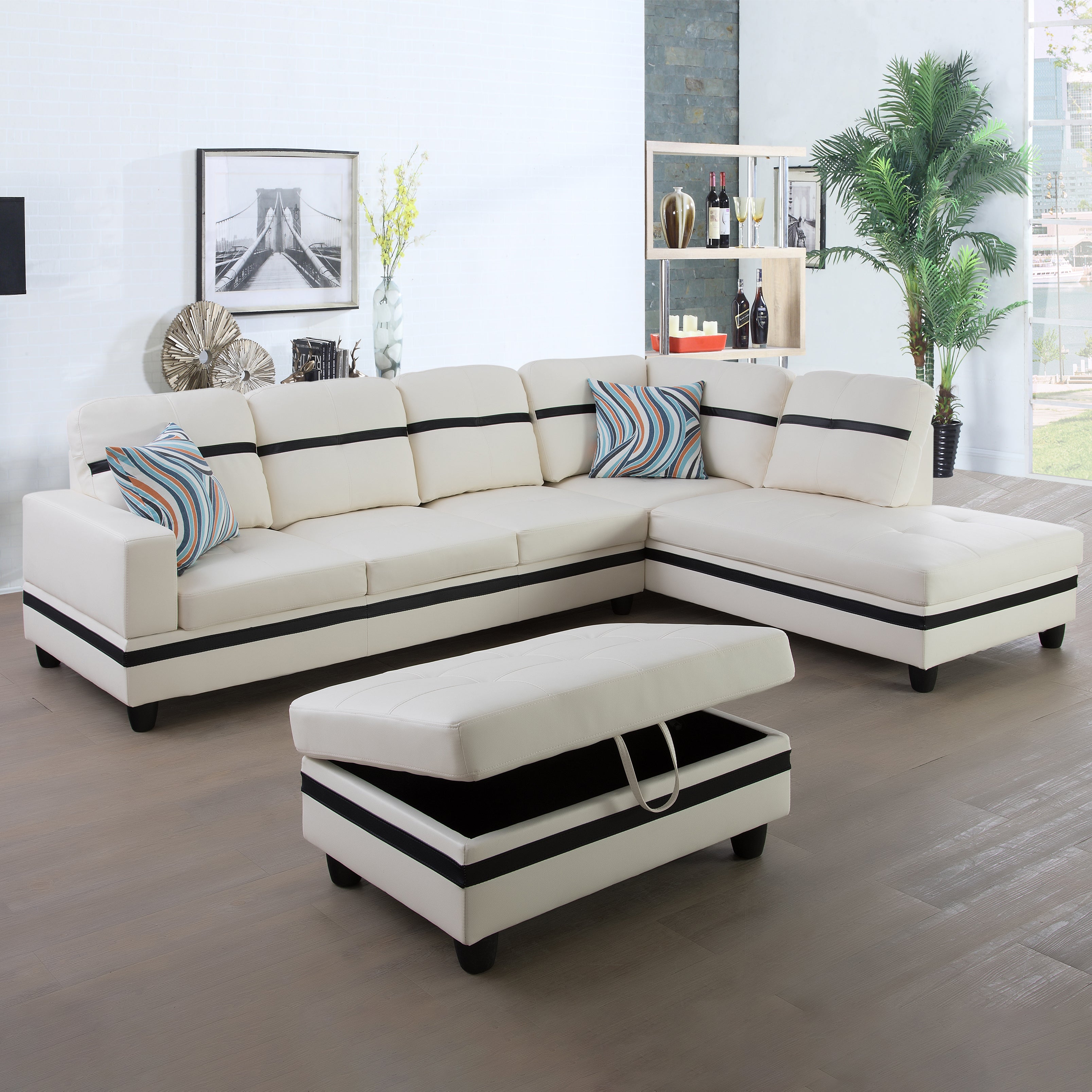 Ainehome White And Black Semi Semi PU Synthetic Leather 3-Piece Couch Living Room Sofa Set
