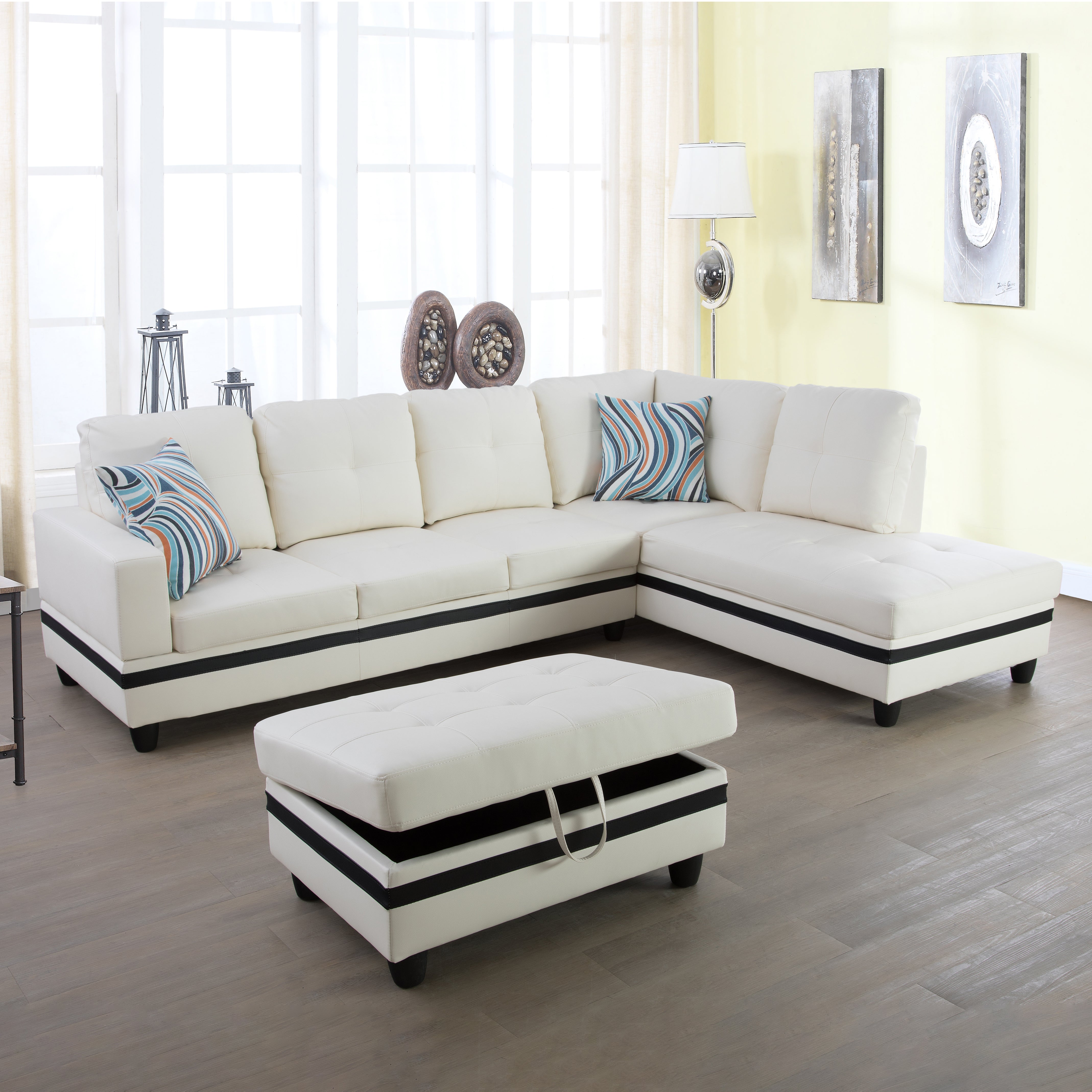 Ainehome White And Black Semi PU Synthetic Leather 3-Piece Couch Living Room Sofa Set