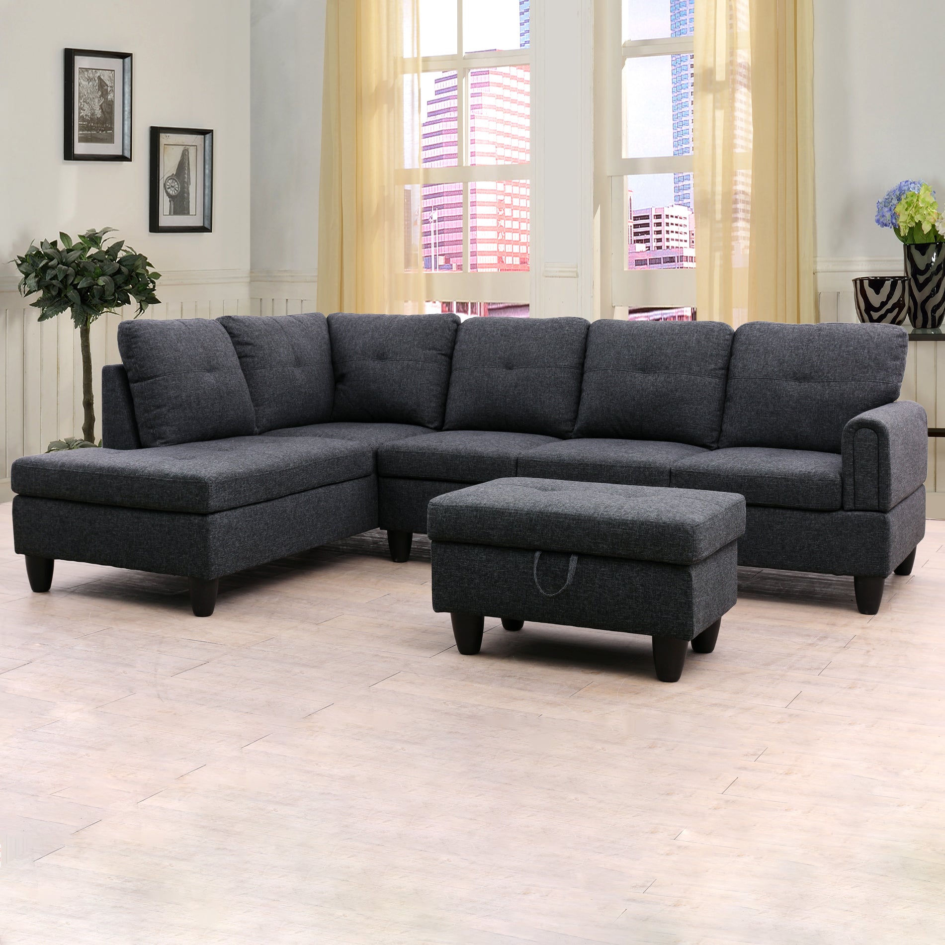 Ainehome Black Grey Linen Living Room Sofa Set