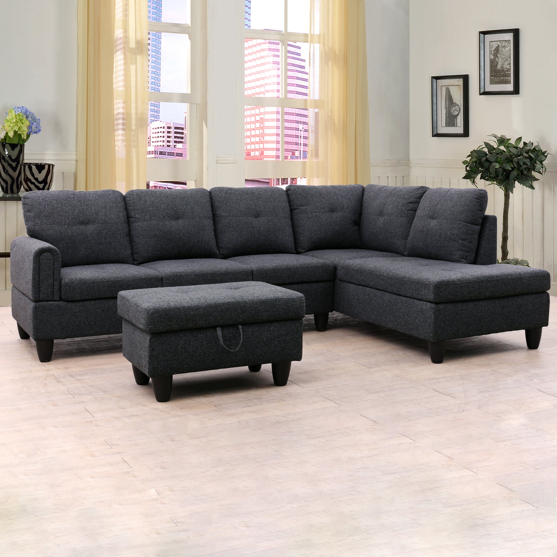Ainehome Black Grey Linen Living Room Sofa Set