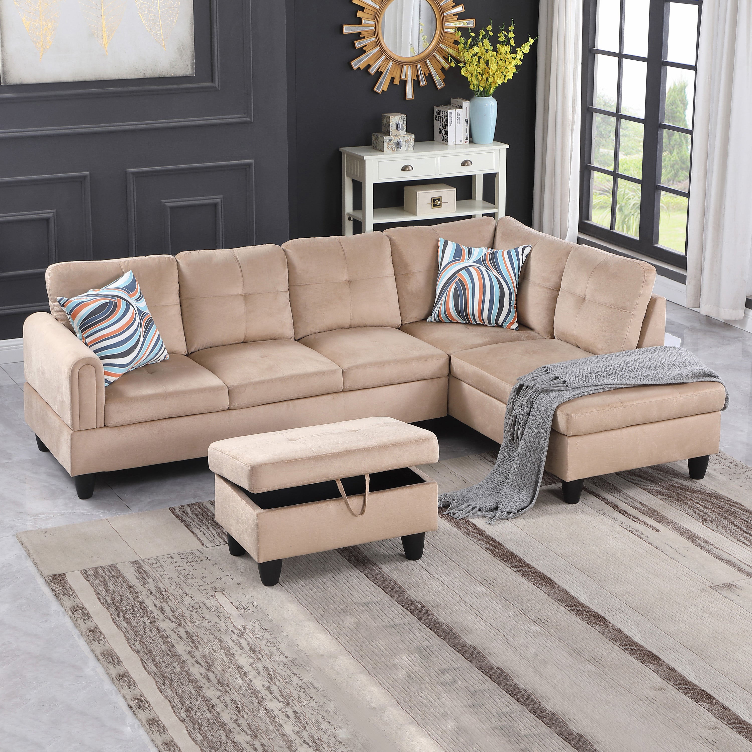 Ainehome Beige Flannel Living Room Sofa Set