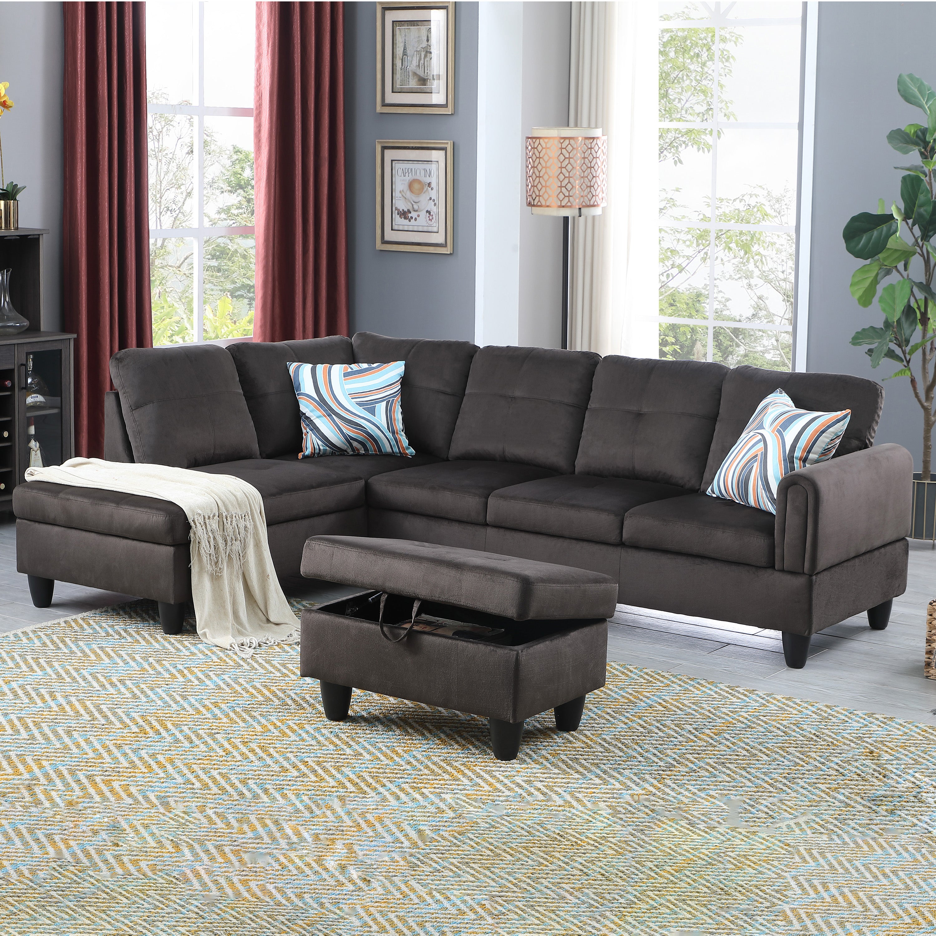Ainehome Dark Brown Flannel Living Room Sofa Set