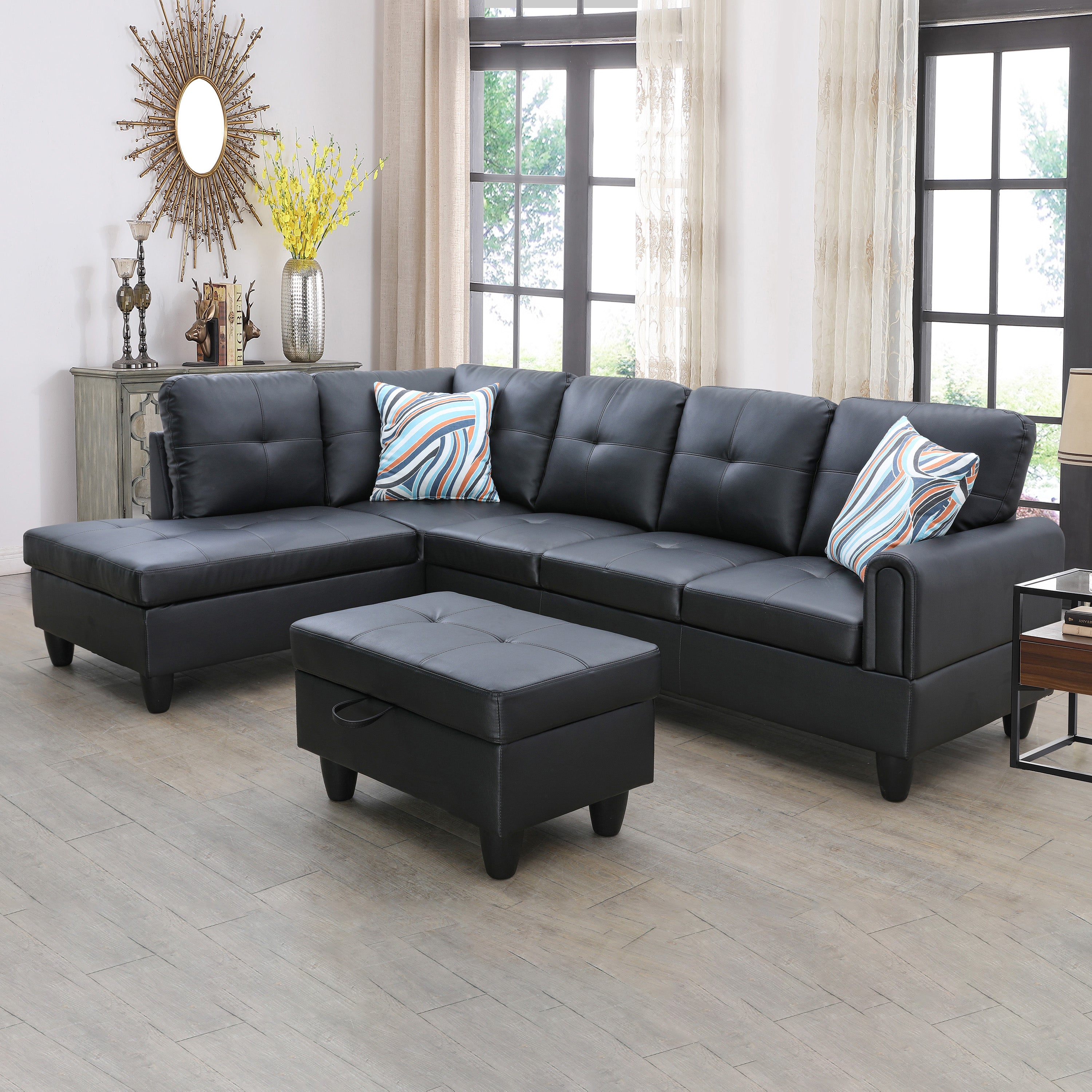 Ainehome Black Faux Leather Living Room Sofa Set
