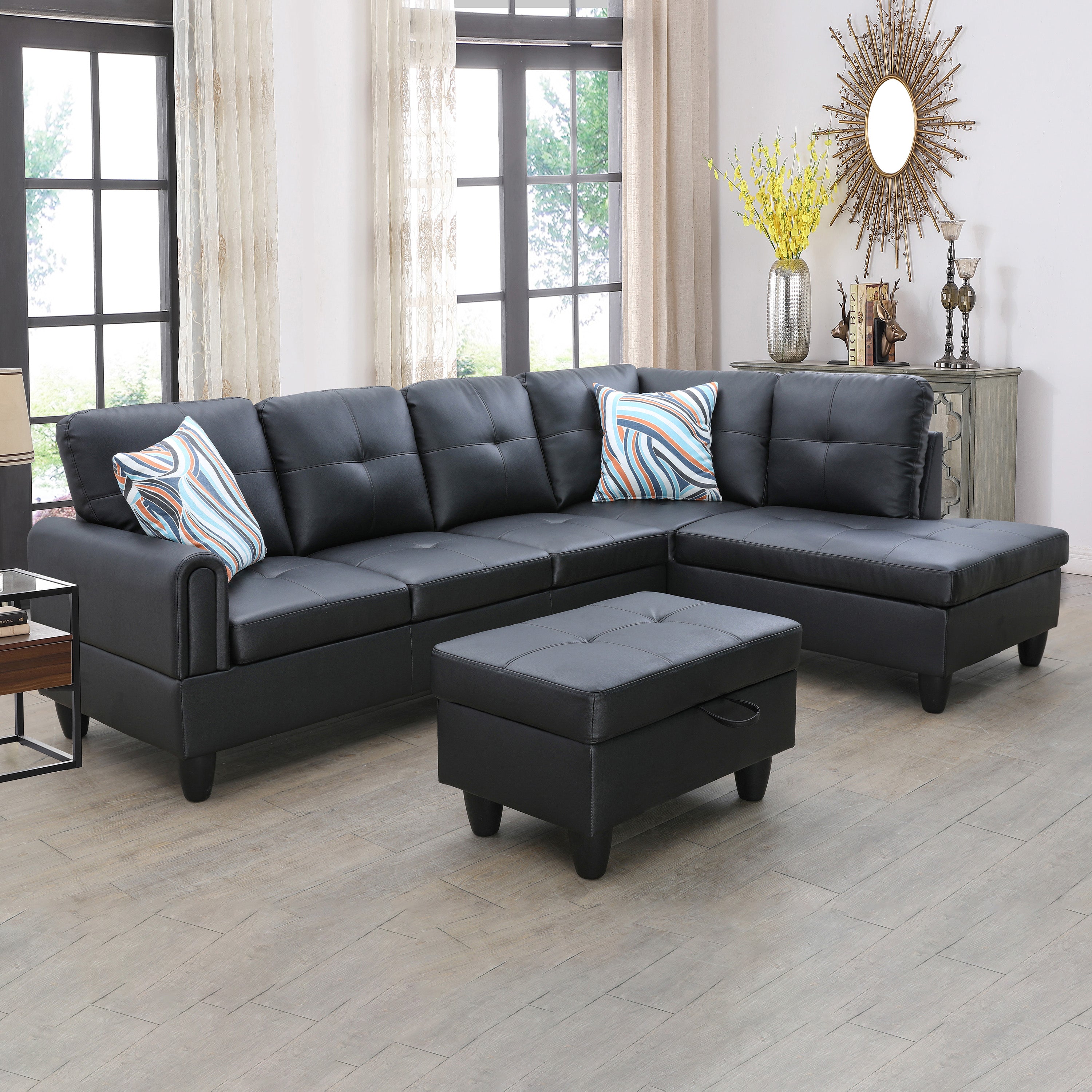Ainehome Black Faux Leather Living Room Sofa Set
