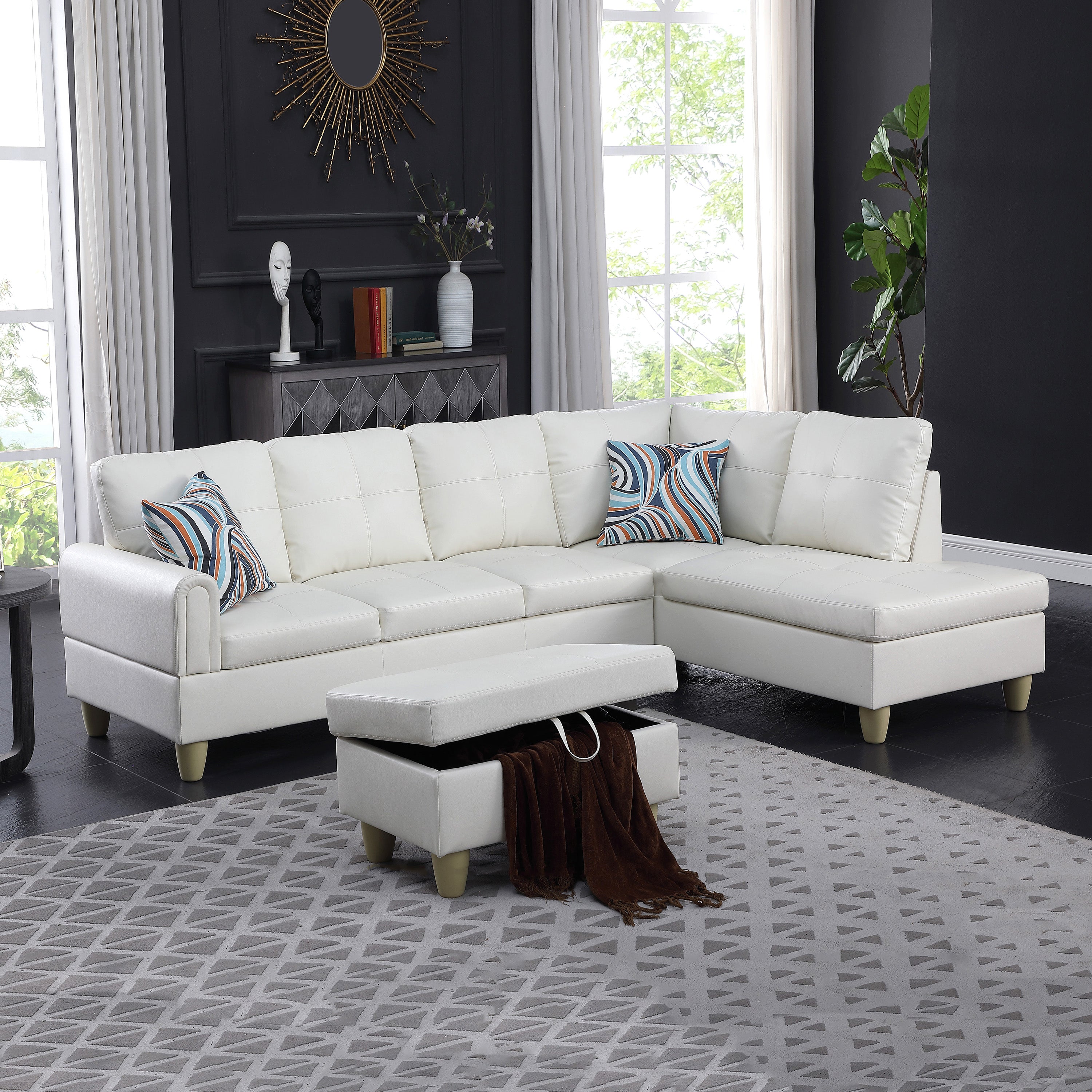 Ainehome White Faux Leather Living Room Sofa Set