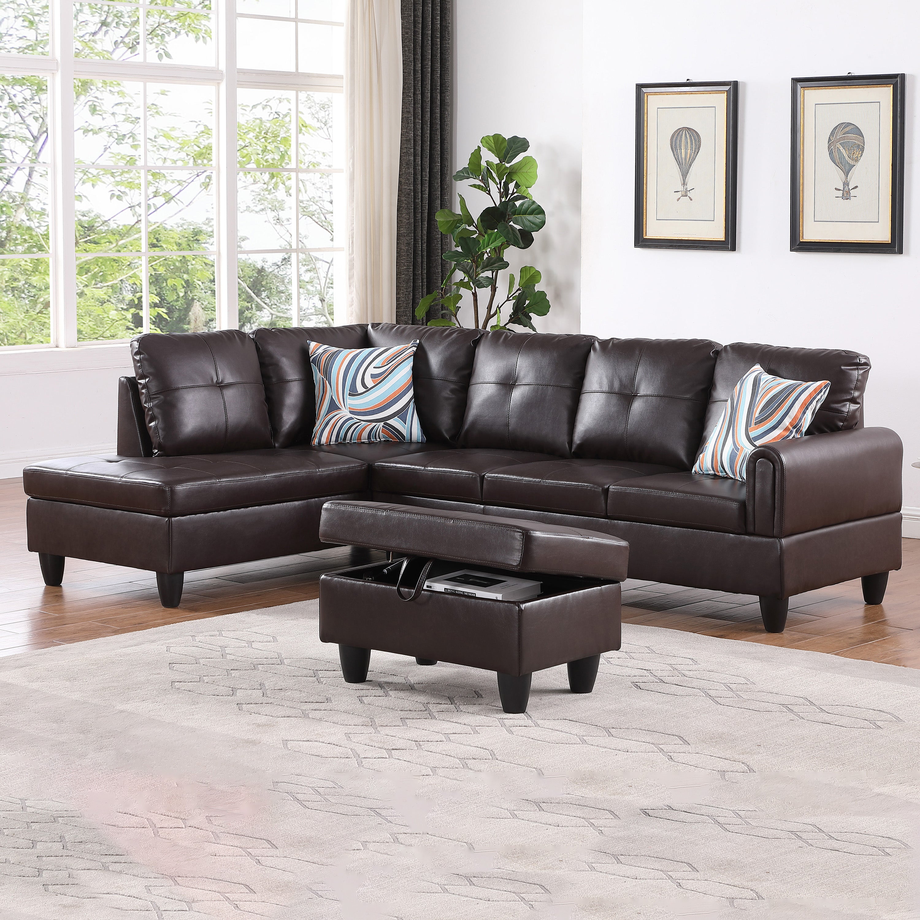 Ainehome Brown Faux Leather Living Room Sofa Set