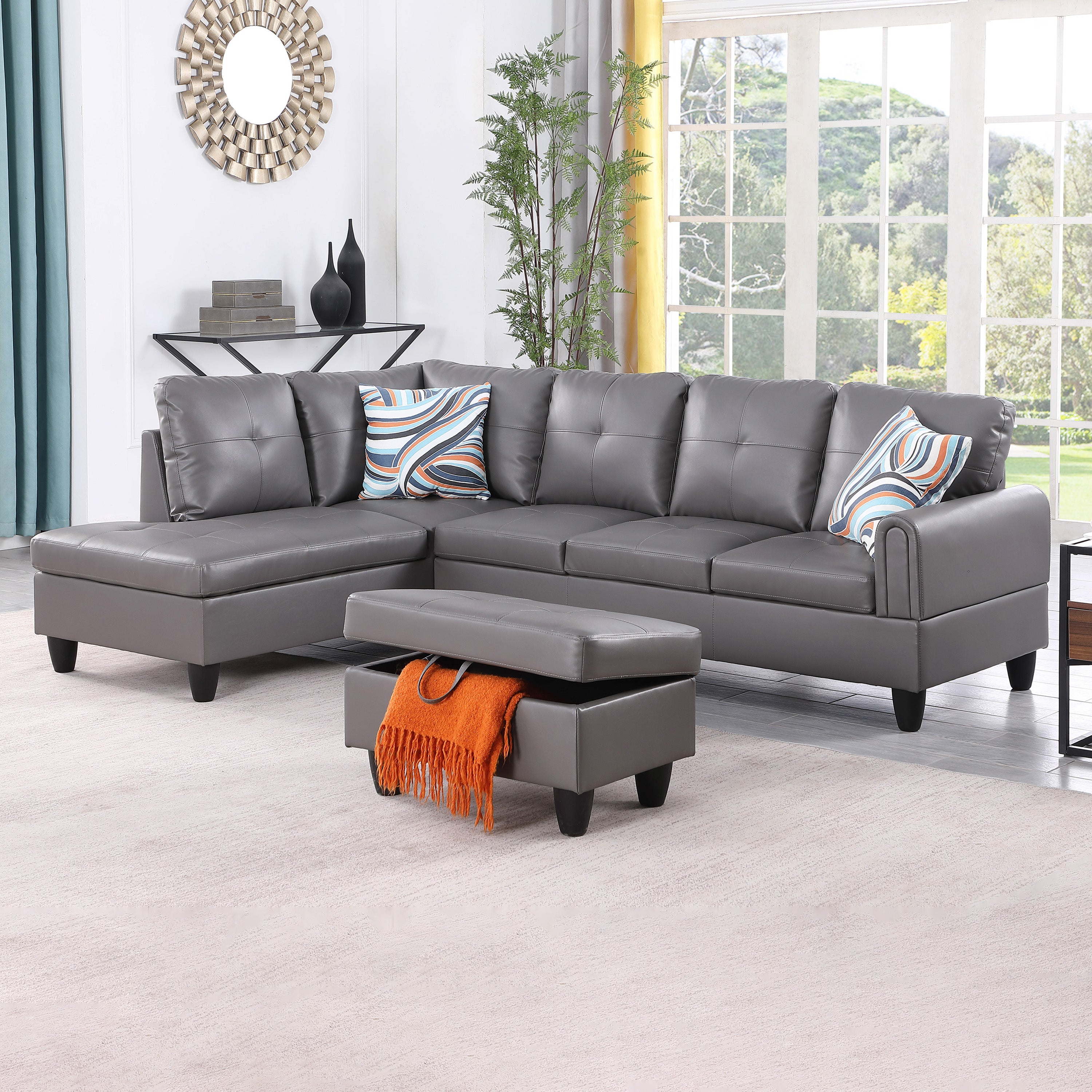 Ainehome Dark Grey Faux Leather Living Room Sofa Set