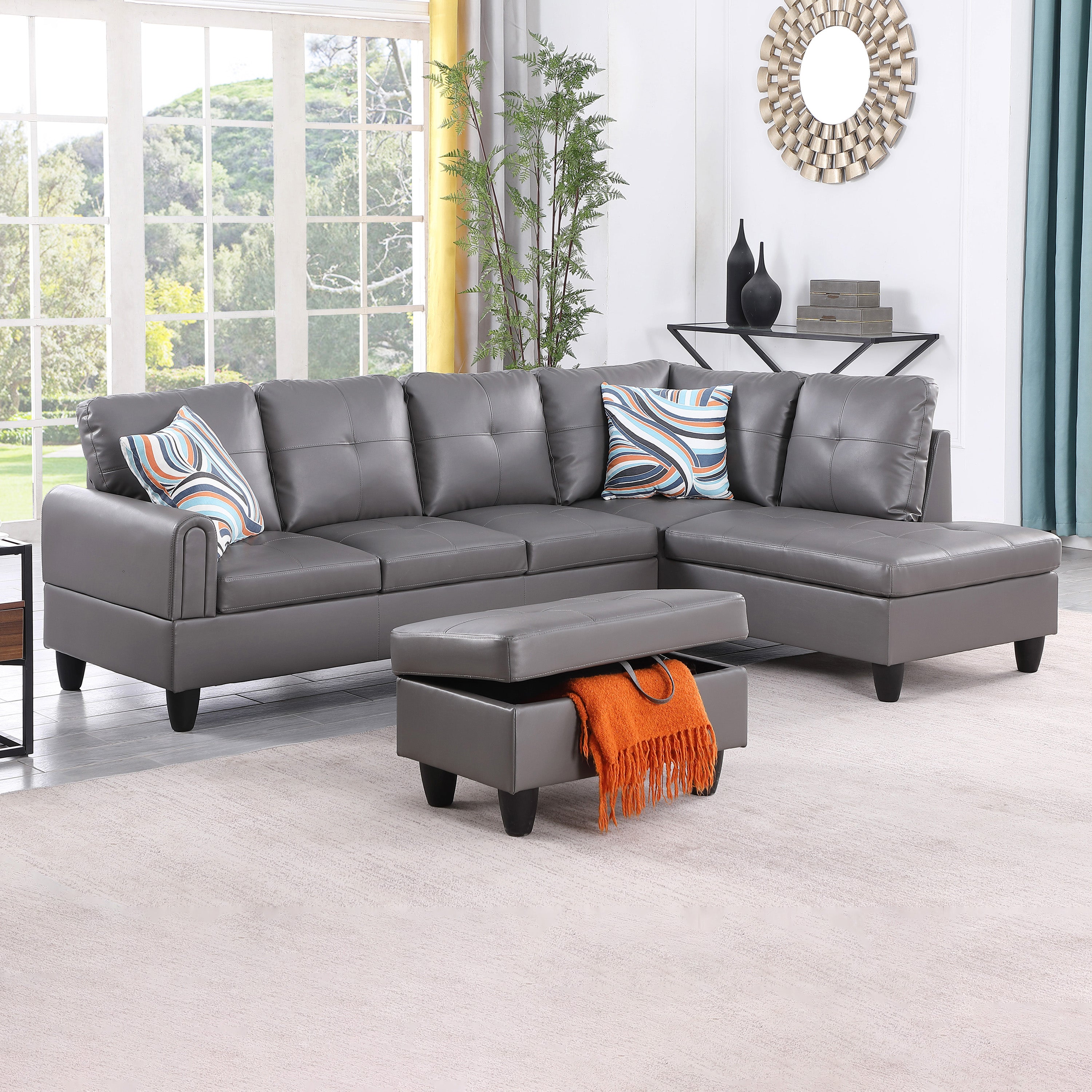 Ainehome Dark Grey Faux Leather Living Room Sofa Set