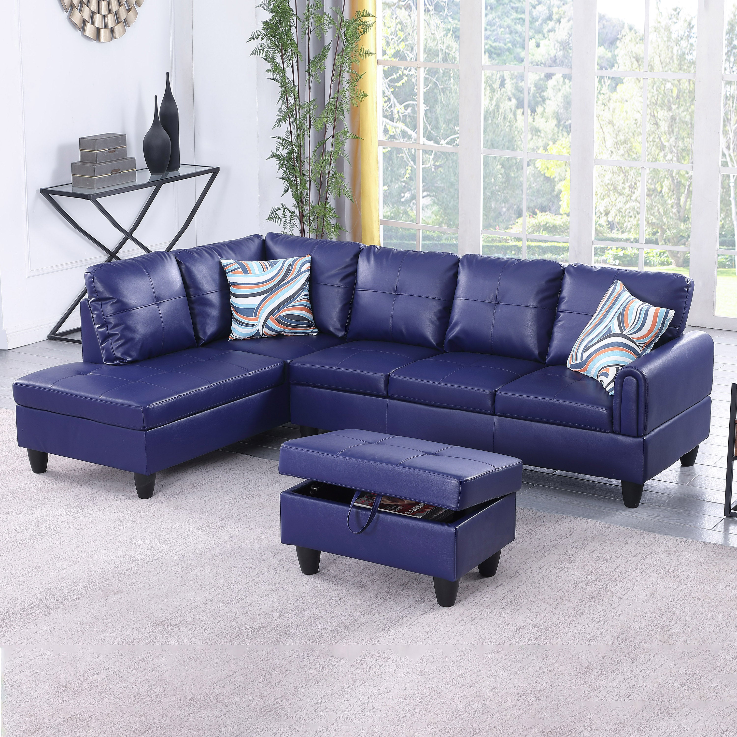 Ainehome Blue Faux Leather Living Room Sofa Set
