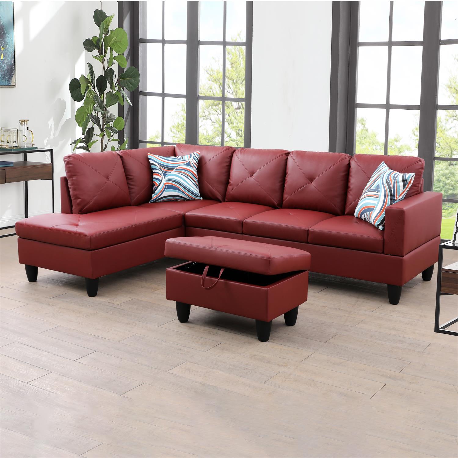 Ainehome Red L-Shaped Faux Leather Sofa Set