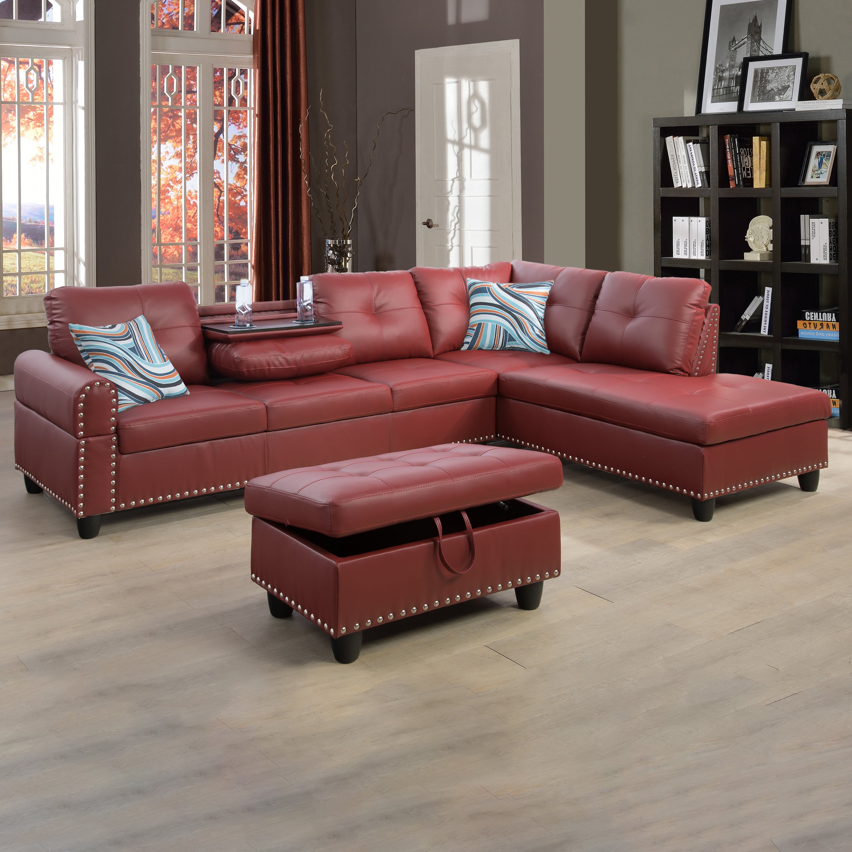 Ainehome Red Faux Leather Synthetic Leather 3-Piece Sofa Set