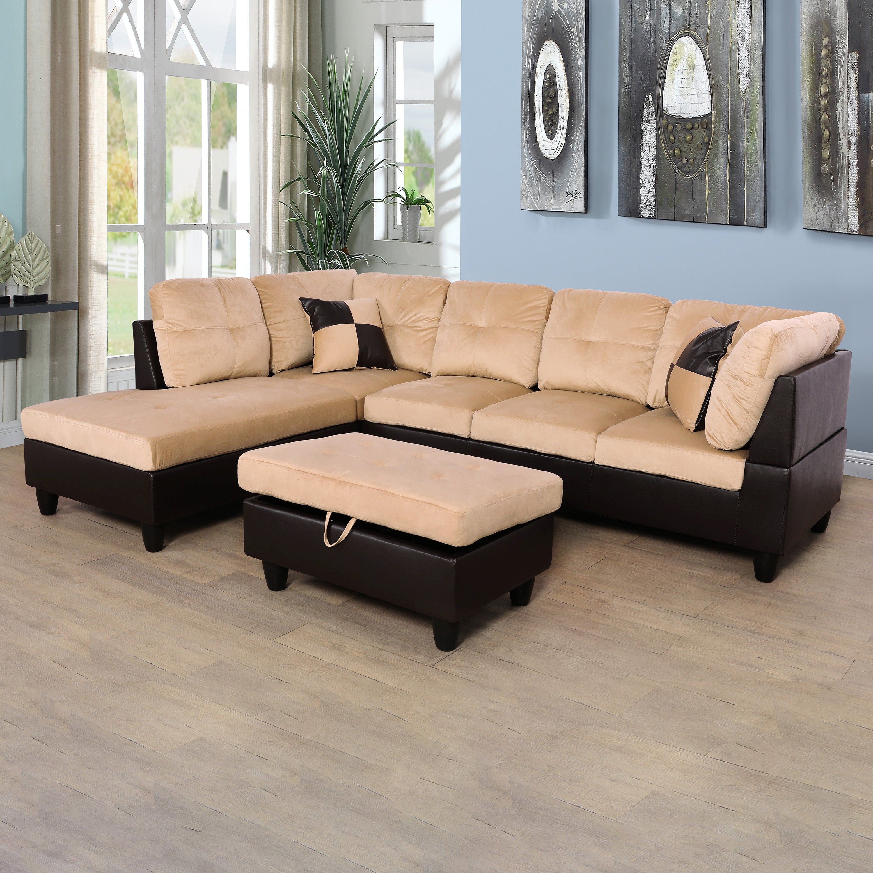 Ainehome Beige and Brown Color Lint And PVC 3-Piece Couch Living Room Sofa Set