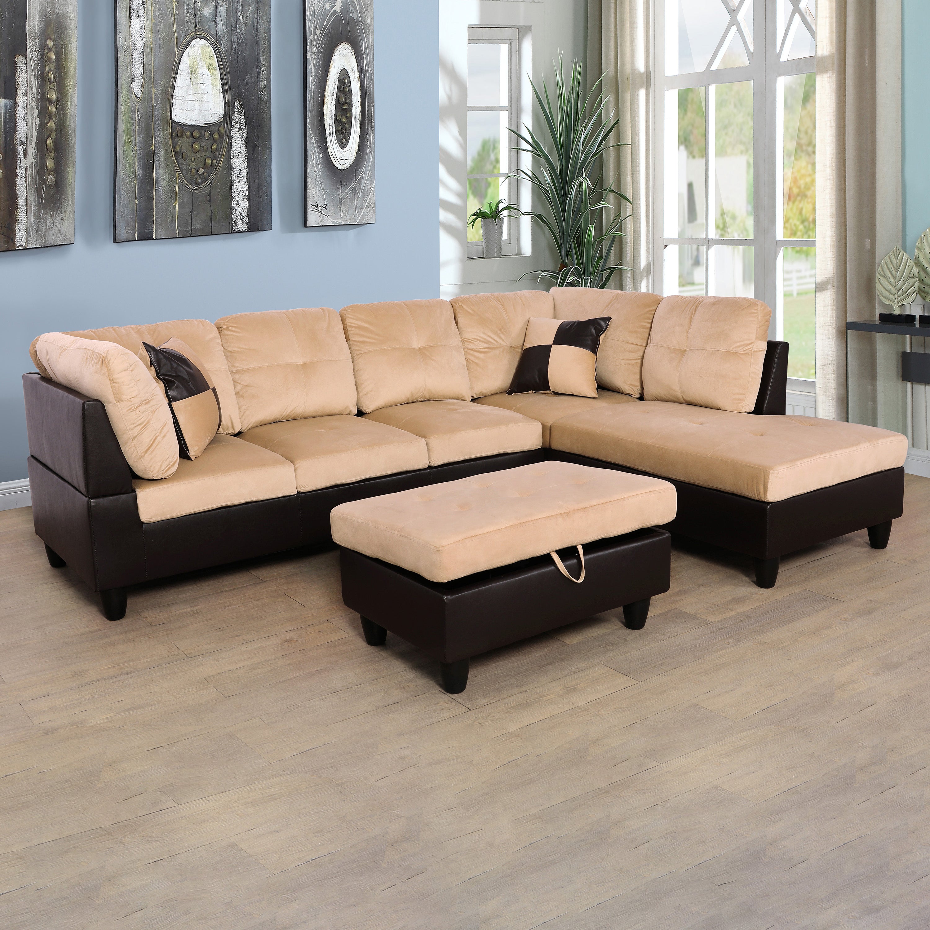 Ainehome Beige and Brown Color Lint And PVC 3-Piece Couch Living Room Sofa Set