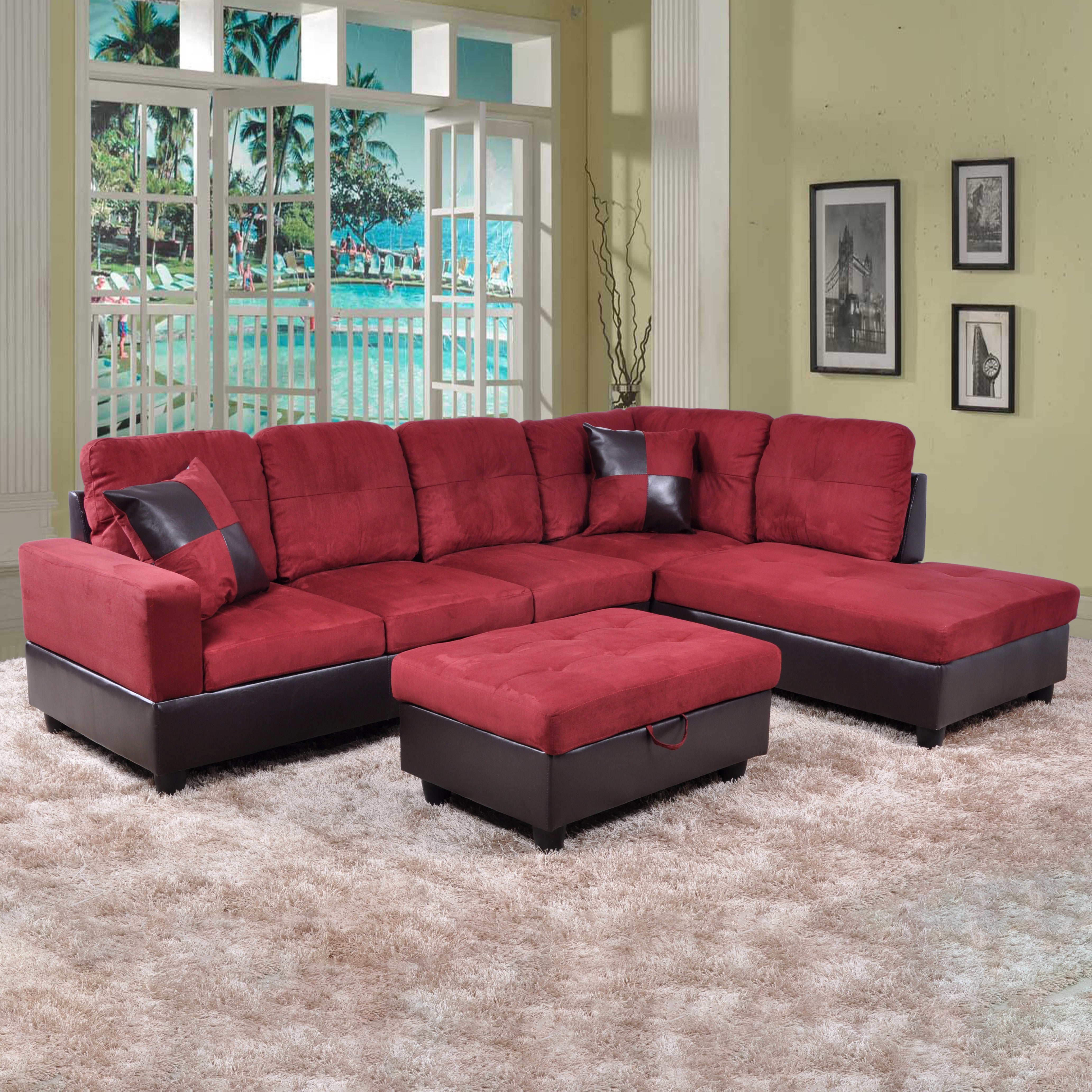 Ainehome Red Flannel And PVC 3-Piece Couch Living Room Sofa Set