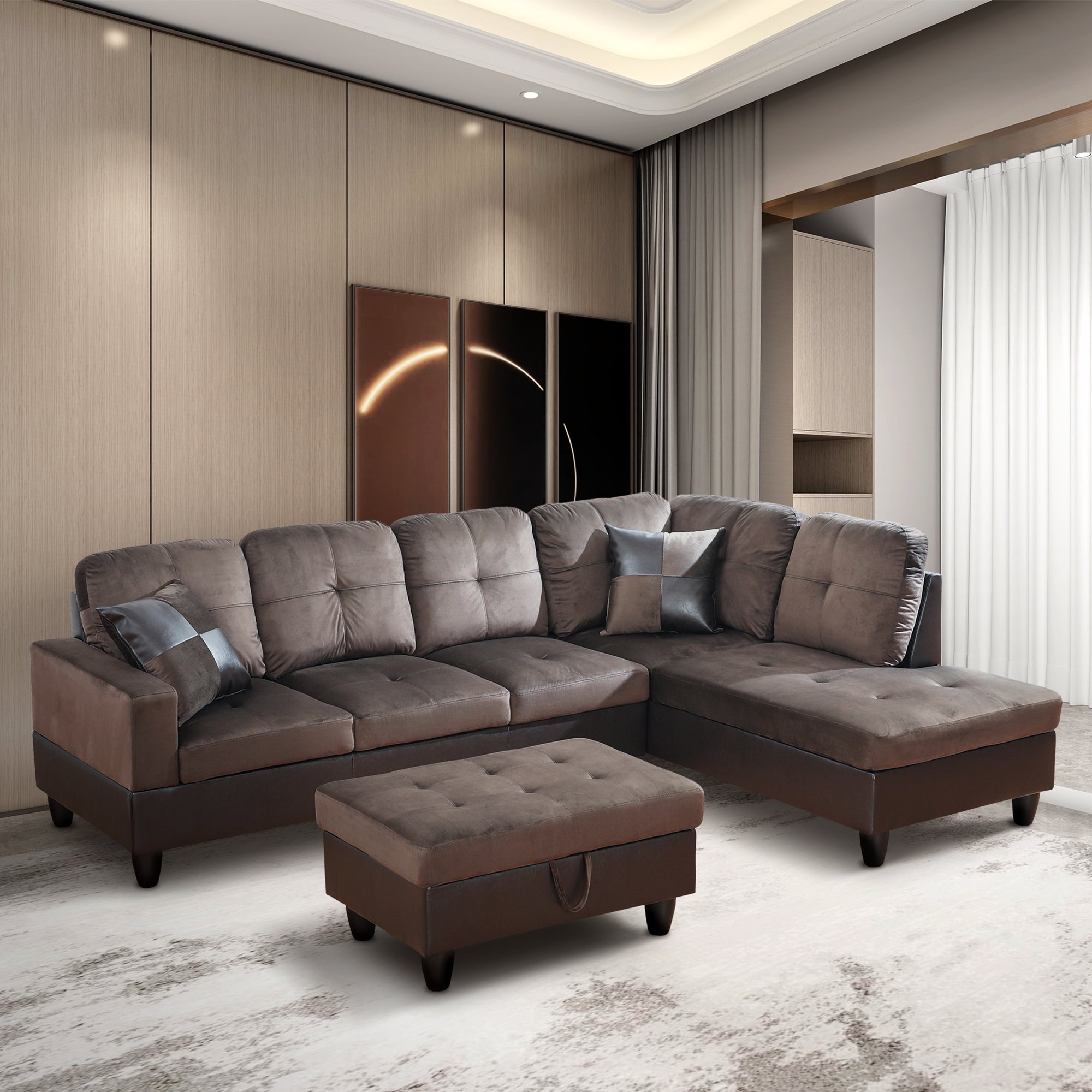 Ainehome Dark Brown Flannel And PVC 3-Piece Couch Living Room Sofa Set