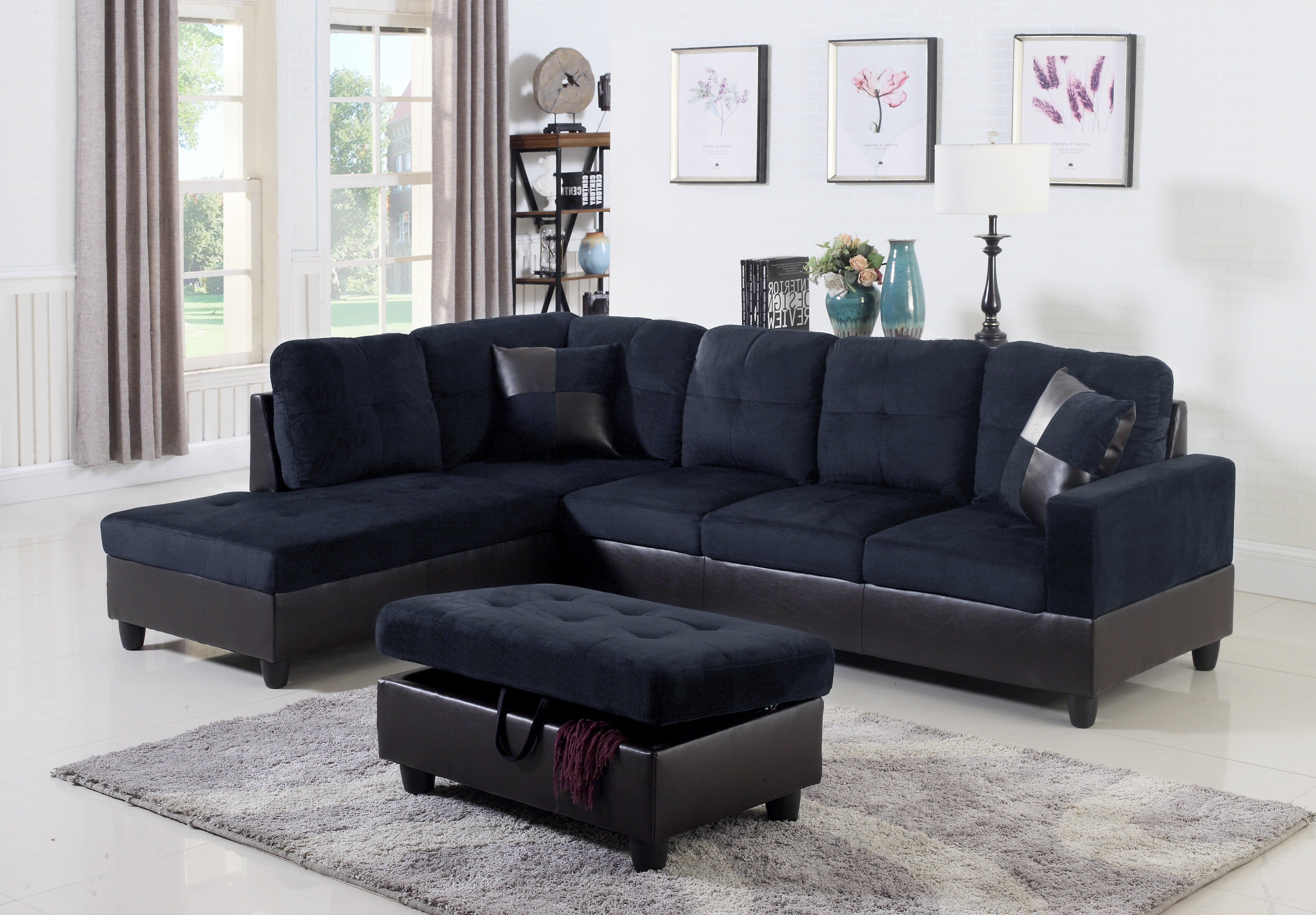 Dark Blue And Brown Color Lint And PVC 3-Piece Couch Living Room Sofa Set